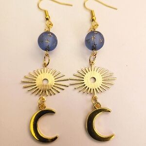 Handmade Beaded Boho Gold Celestial Sunburst Moon Dangle Earrings
